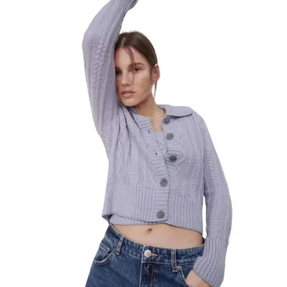 Zara Womens Medium Cable Lilac Silver  Thread Cropped Cardigan - Picture 1 of 14